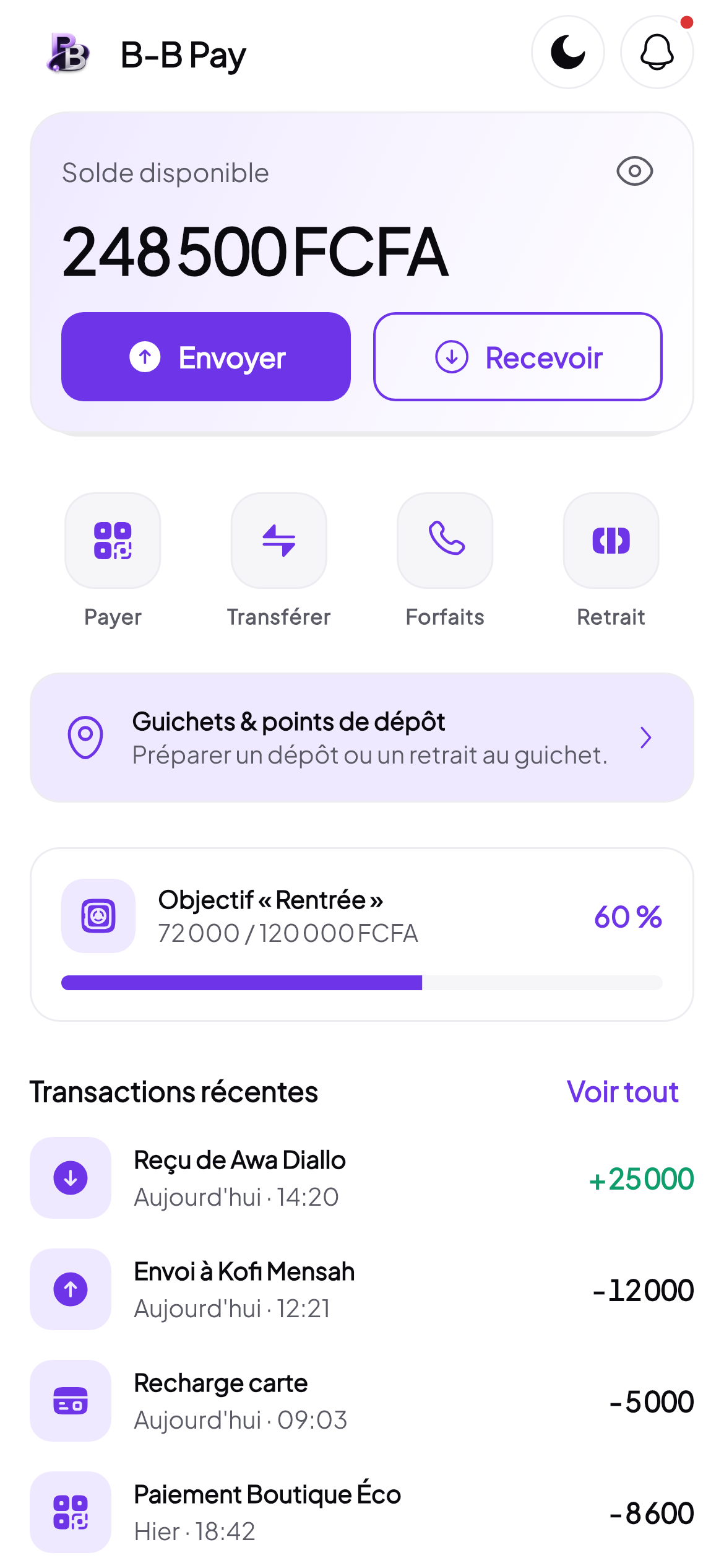 Tableau de bord mobile B-B Pay avec le solde et les dernières transactions